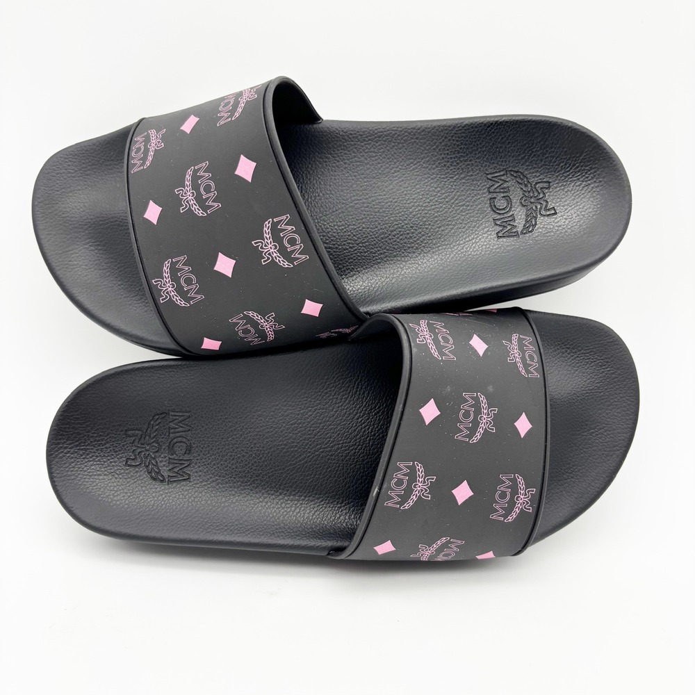 MCM Visetos Logo Print Pool Slides in Black Pink Size 37